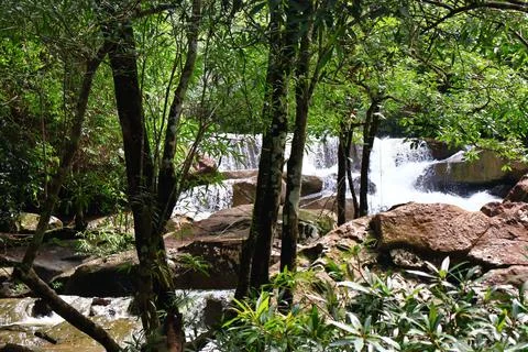 9 Steps Waterfall Flowing Through Lush Tropical Jungle in Kampot, Cambodia Stock Photos