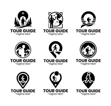 9 Tour Guide Logo Set Travel Tourism Branding Collection Black and White Stock-Illustration