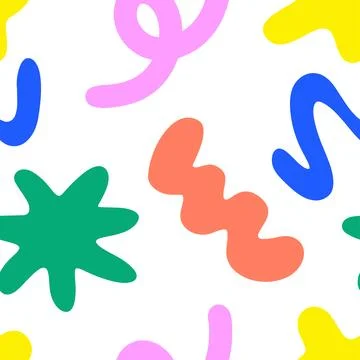 90 Cool Brutalism Seamless pattern. Naive playful color shapes in trendy Stock Illustration