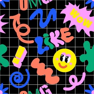 90 Cool Sticker Collage Pattern. Neon Color Print with Retro Millennium Style Stock Illustration