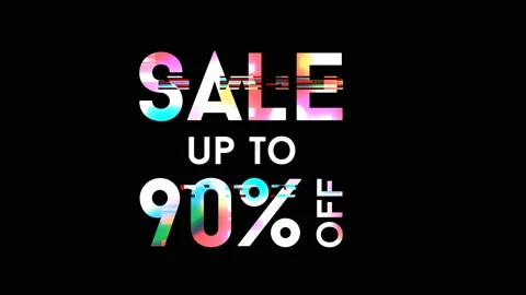 90% discount on a black background, glitch effect, bright multicolored paints. Vidéo 145146155