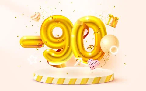 90 Off. Discount creative composition. 3d Golden sale symbol with decorative Stock Illustration