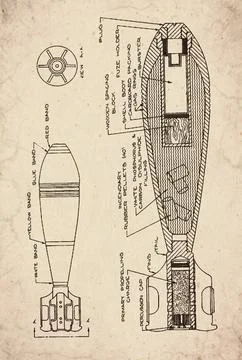 90-MM Incendiary Mortar Shell Type 94 Technical Schematic Document 库存插图
