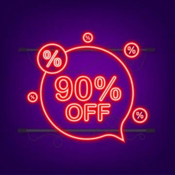 90 percent OFF Sale Discount Banner. Neon icon. Discount offer price tag. Vector Stock Illustration