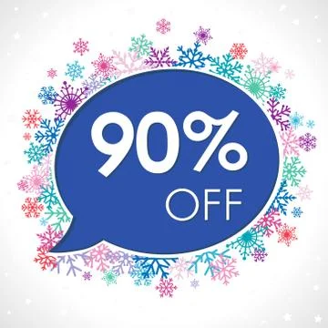 90 off on speech bubble in winter snowflakes Stock Illustration