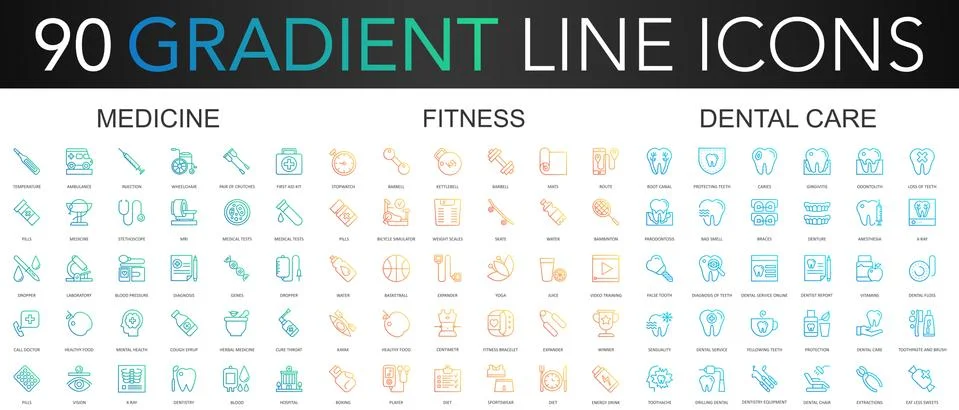 90 trendy gradient vector thin line icons set of medicine, fitness, dental care. Stock Illustration