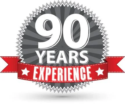 90 years experience retro label with red ribbon, vector illustration Illustrazione stock