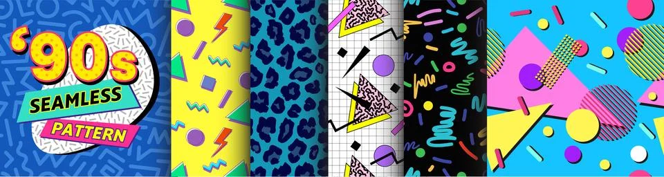 90's Collection of seamless pattern. Stock Illustration