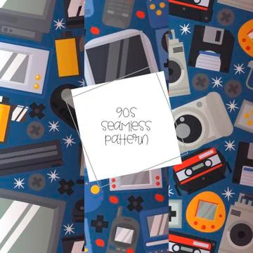 90s devices seamless pattern vector illustration. Old technologies such as Stock Illustration
