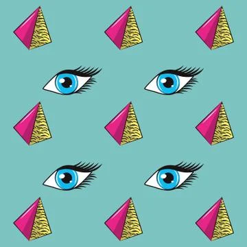 90s eyes and pyramids pattern background 스톡 일러스트