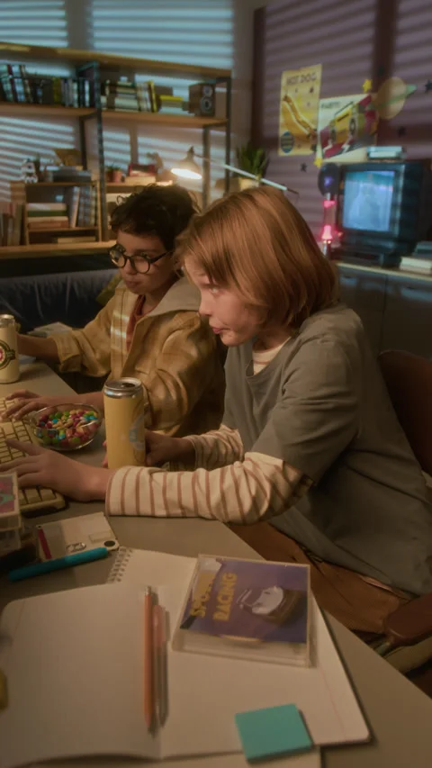 90s Kids Using Computer at Home Vertical Stock Footage 304853459