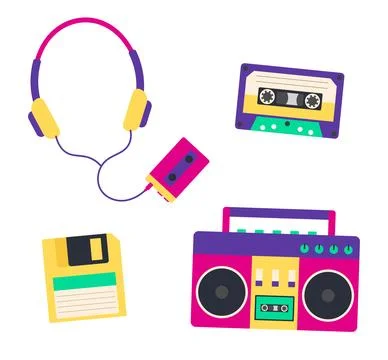 90s Music Elements. Set Of Isolated Objects. Vector Flat Illustration 스톡 일러스트