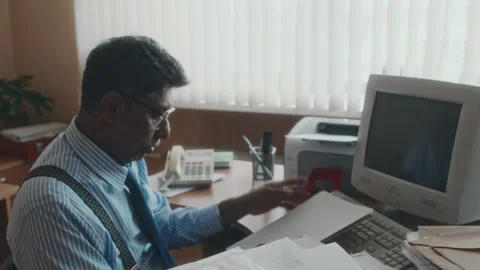 90s Office Worker Overloaded with Monotonous Work with Papers Stock Footage 280261831