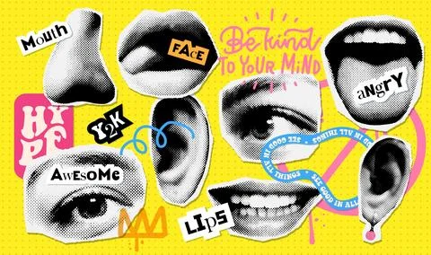 90s Punk style collage elements of face parts set. Eyes, nose, lips and ear in Stock Illustration