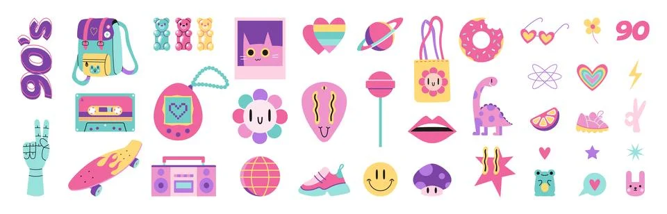 90s retro elements big set, cartoon illustration. Vintage nineties vibes ae.. Stock Illustration