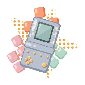 90s retro elements grey brick game console with brick figures on the backgr.. Illustrazione stock