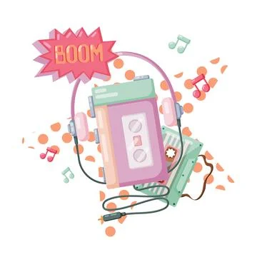 90s retro elements music player and cassette. Flat style vector illustration, Stock Illustration