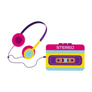 90s retro elements. Retro player with headphones. Color illustration in fla.. Stock Illustration