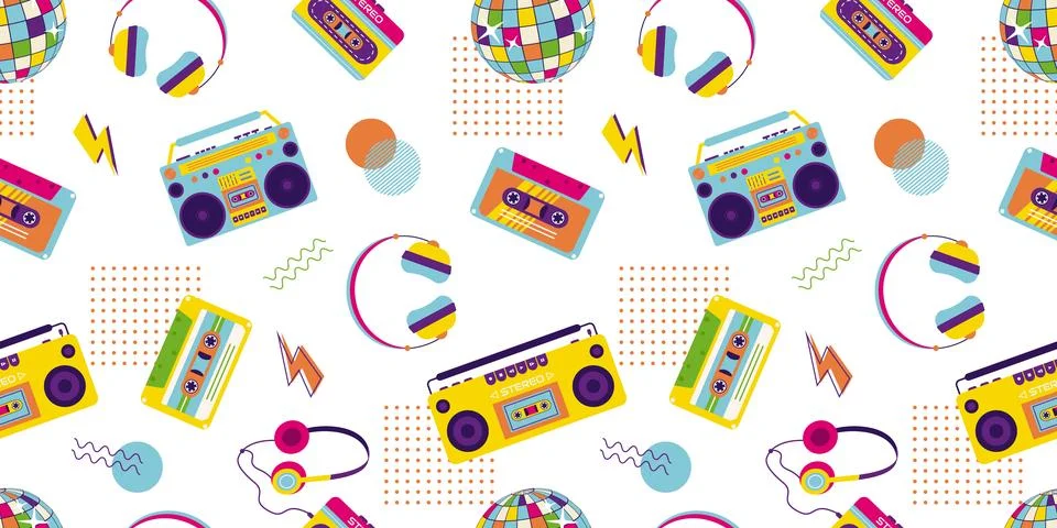 90s retro elements. Seamless pattern with tape recorder, audio tape, headph.. イラスト素材