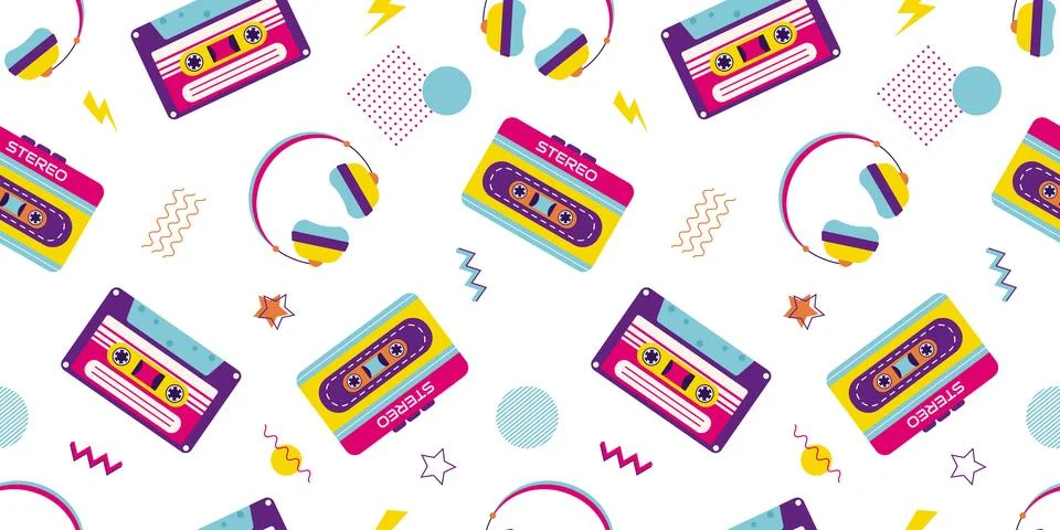 90s retro elements. Seamless pattern with tape recorder, audio tape, headph.. Illustrazione stock