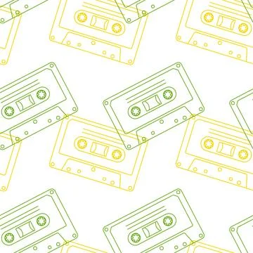 90s retro elements. Seamless pattern of cassettes with audio tapes. Aesthetic Stock Illustration