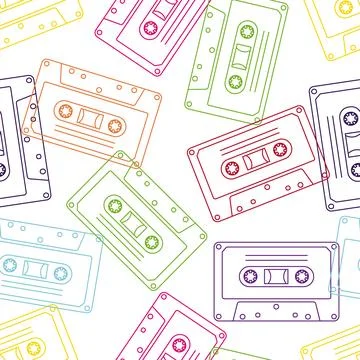 90s retro elements. Seamless pattern of cassettes with audio tapes. Aesthetic Stock Illustration