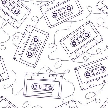 90s retro elements. Seamless pattern of cassettes with audio tapes. Aesthetic Stock Illustration