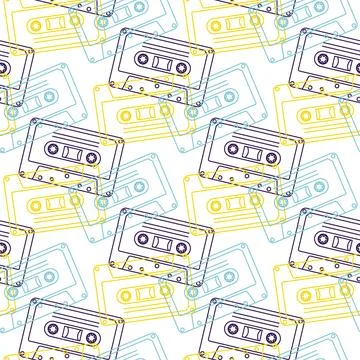 90s retro elements. Seamless pattern of cassettes with audio tapes. Aesthetic Stock Illustration