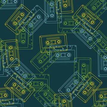 90s retro elements. Seamless pattern of cassettes with audio tapes. Aesthet.. Stock Illustration