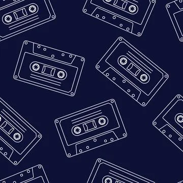 90s retro elements. Seamless pattern of cassettes with audio tapes. Aesthet.. Stock Illustration