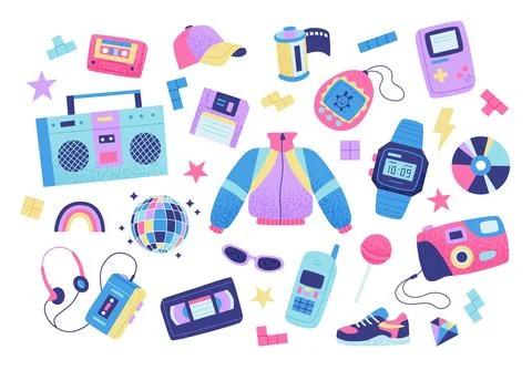 90s retro elements set. Bright multicolour collection. Vector illustration in Stock Illustration
