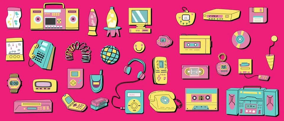 90s retro elements set. Bundle of vintage 1990 graphic illustrations Stockillustratie