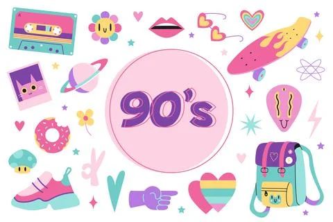 90s retro elements set, cartoon illustration. Vintage nineties aesthetic in.. Illustrazione stock