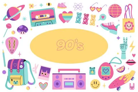 90s retro elements set, cartoon illustration. Vintage nineties vibes aesthe.. Stock Illustration