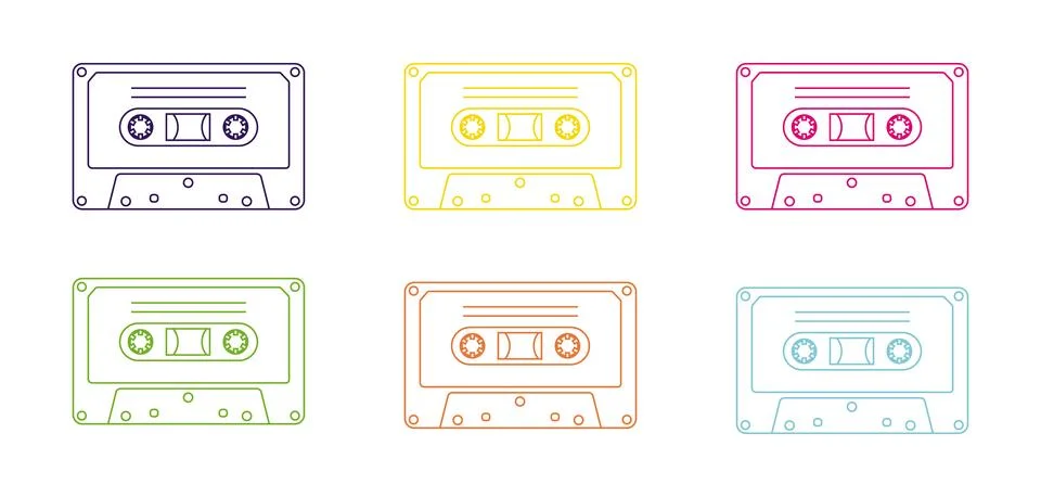 90s retro elements. Set of cassettes with audio tapes. Aesthetics of the 90s. Stock Illustration