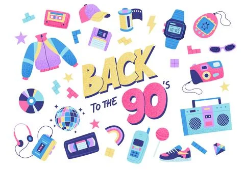 90s retro elements set with lettering. Bright multicolour collection. Vector Stock Illustration