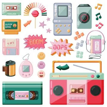 90s retro elements. Set of vintage gadgets on white background. Vector illu.. Stock Illustration