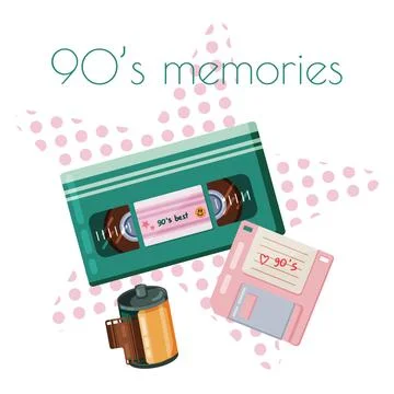 90s retro elements storage media. Floppy disk, VHS tape and photographic fi.. Illustrazione stock