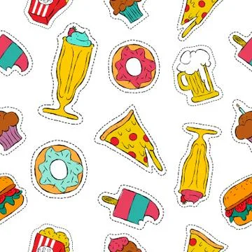 90s retro fast food patch icon seamless pattern 库存插图