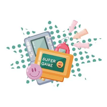 90s retro game elements. Brick game and cartridge for console. Flat style vec イラスト素材