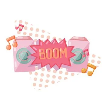 90s retro music elements. Two pink speakers and notes. Flat style vector il.. Illustrazione stock