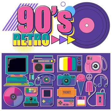 90s retro objects and elements set Stockillustratie