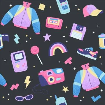 90s retro seamless pattern. Cute bright multicolor elements on dark background 库存插图