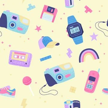 90s retro seamless pattern. Cute bright multicolor elements. on yellow Illustrazione stock
