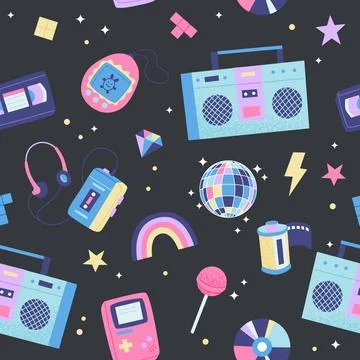 90s retro seamless pattern. Cute bright multicolor elements on dark background Stockillustratie