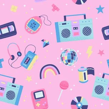 90s retro seamless pattern. Cute bright multicolor elements on pink background イラスト素材