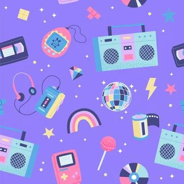 90s retro seamless pattern. Cute bright multicolor elements on purple background Illustrazione stock