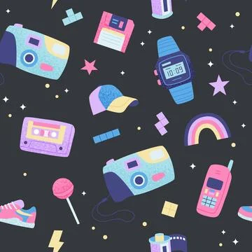 90s retro seamless pattern. Cute bright multicolor elements on dark background Illustrazione stock