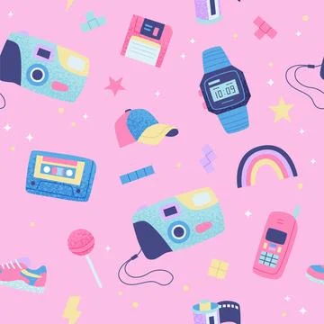 90s retro seamless pattern. Cute bright multicolor elements on pink background Stockillustratie