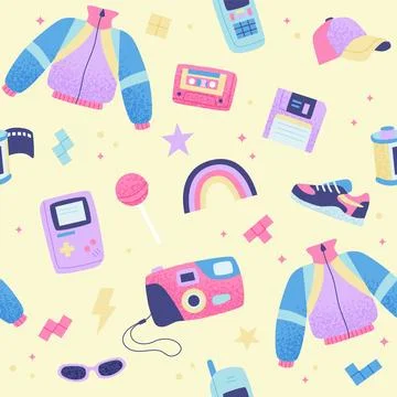 90s retro seamless pattern. Cute bright multicolor elements. on yellow Stock Illustration